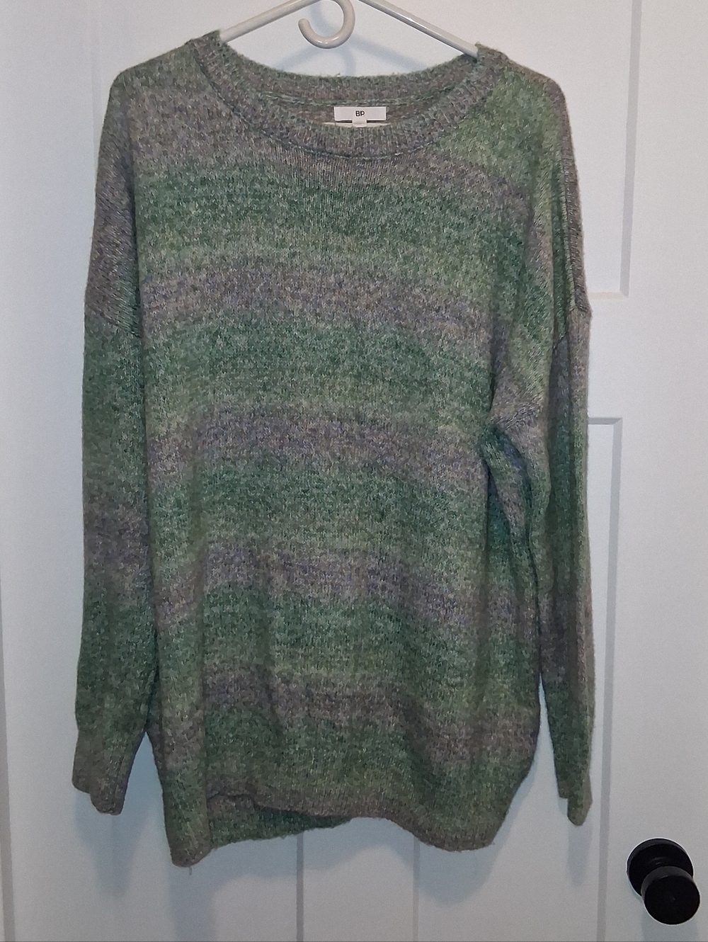 bp Men's Green and Gray Striped Knit Crewneck Sweater